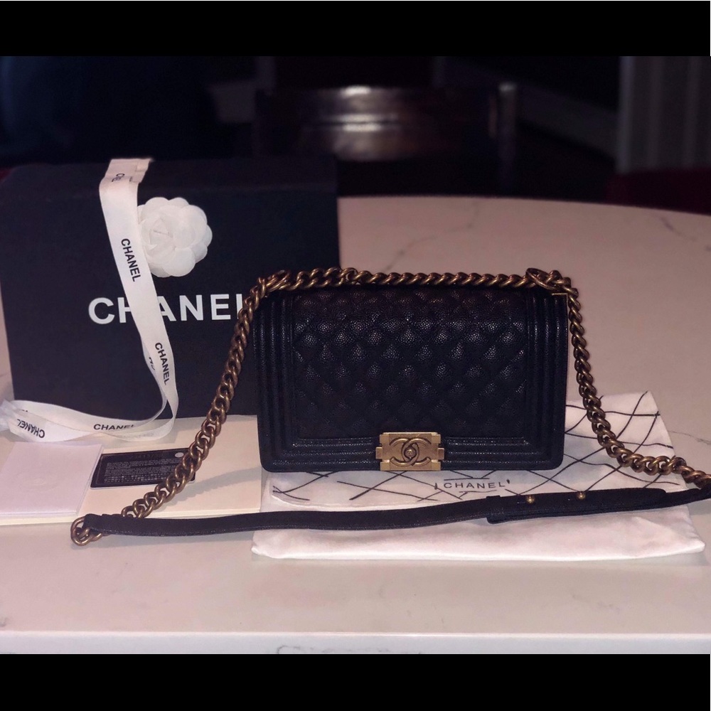 Authentic Chanel old medium boy bag in caviar
